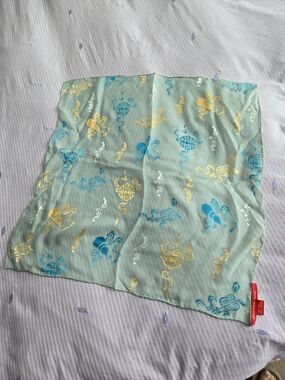 Shanghai Tang Seafoam Green Swim Neck Scarf with Blue and Yellow Chinese Motifs